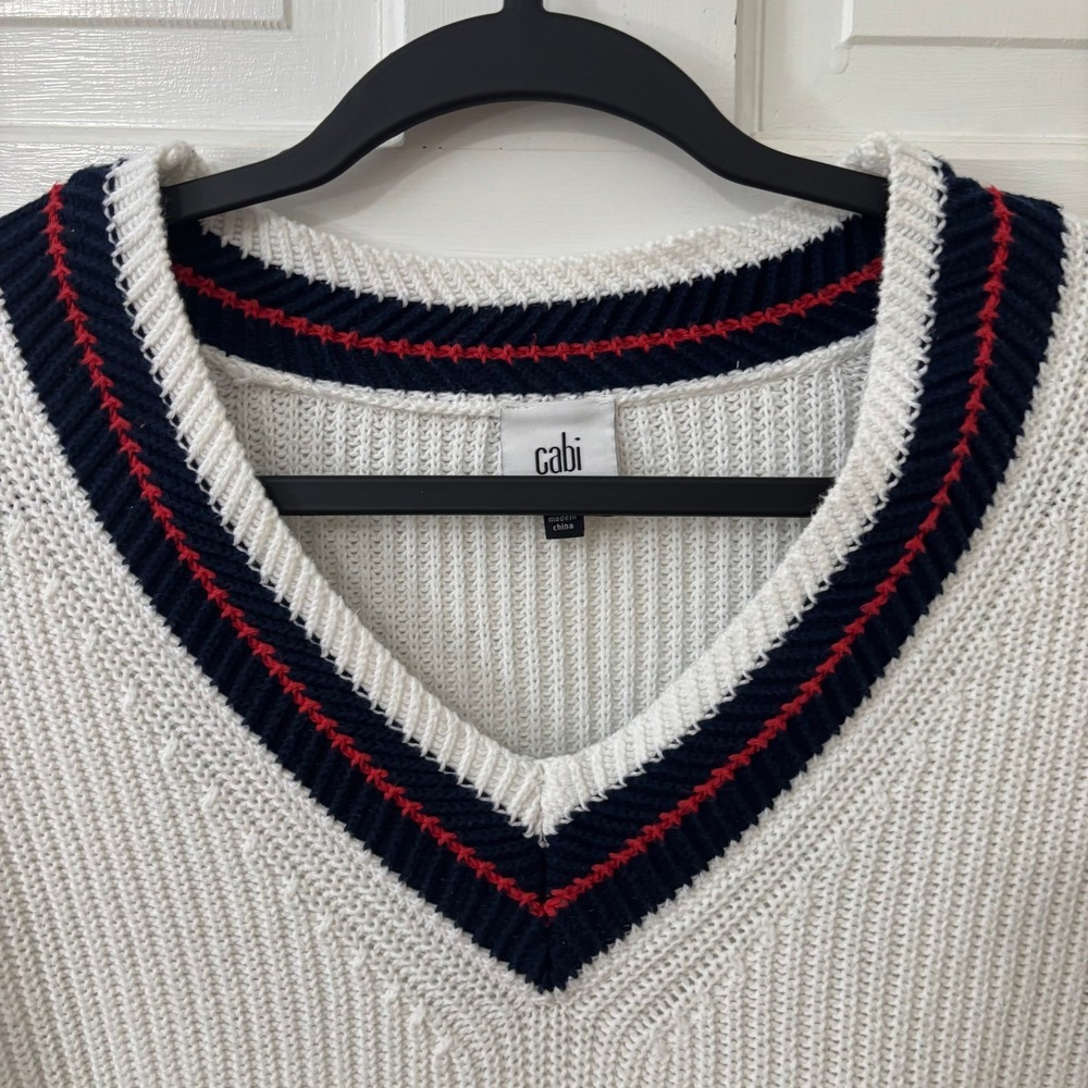 White V Neck Tennis Sweater Women‎ Classic Old Money Academia Cabi S RUNS BIG - Picture 2 of 8